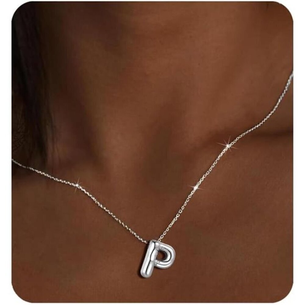 Silver Initial Pendant Necklace – Personalized Letter “P” Trendy Stuffed Bubble